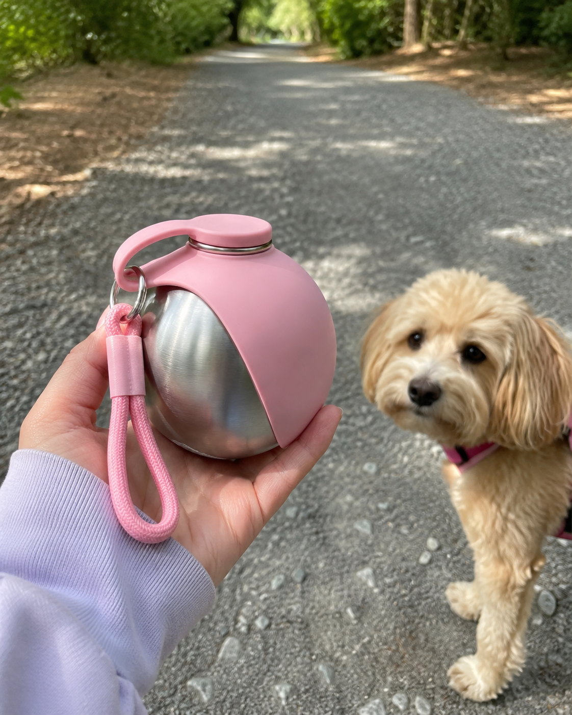 Pink portable dog water bottle during a park walk
